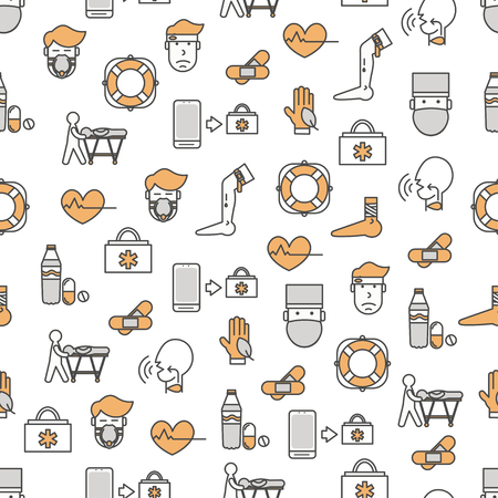 First aid advertising vector poster banner template. Head and leg injuries, hospital stretcher, first aid kit, medication etc. Rescue, emergency help thin line flat icons for web, printed materialsのイラスト素材