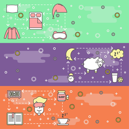 Sleep vector web banner template set. Sleeping bed, mask clothes pillow, pills, book, tea, milk, biscuits, alarm clock, sheep, zzz speech bubble etc. Sleeping and insomnia thin line art flat icons.のイラスト素材