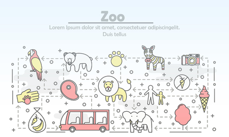 Zoo advertising vector poster banner template. Bear elephant zebra, parrot, lion, ice cream cone, bus, camera, visitors, animal food, cotton candy. Thin line art flat icons for web, printed materials.のイラスト素材