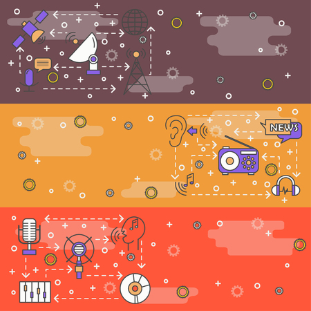 Radio vector web banner template set. Radio station music news broadcasting thin line art flat icons.のイラスト素材