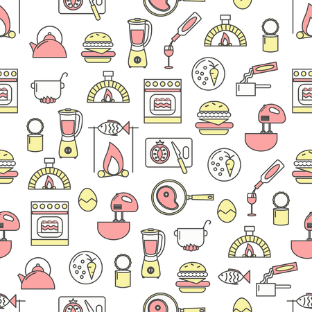 Vector seamless pattern with kitchen appliances, cooking utensils, foodstuff, wine. Thin line art flat style design cooking background, wallpaper.のイラスト素材