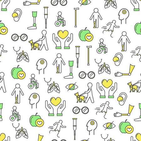 Vector seamless pattern with blind, handicapped man in wheelchair, runner on artificial legs, arm leg prosthesis, stick, crutcher. Thin line art flat style design disabled people background, wallpaperのイラスト素材