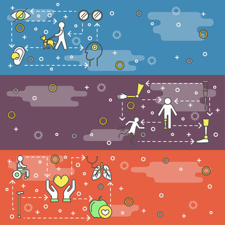 Disabled people vector web banner template set. Blind with guide dog, handicapped man in wheelchair, athlete on artificial legs, arm and leg prosthesis, hearing aid, crutcher thin line art flat icons.のイラスト素材