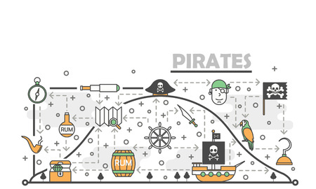 Pirates vector poster banner template. Pirate hat ship treasure chest, flag, rum barrel, spyglass, skull and bones, steering wheel, smoking pipe etc. Thin line art flat icons for web printed materialsのイラスト素材