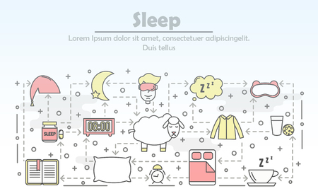 Sleep advertising vector poster banner template. Sleeping bed, mask clothes pillow, pills, book, tea, milk, biscuits, alarm clock, sheep etc. Sleeping and insomnia thin line art flat icons for web.のイラスト素材