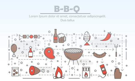 Barbeque advertising vector poster banner template. Bbq grilled meat fish sauce chili beer and grilling equipment thin line art flat style design elements, icons for web banners, printed materials.のイラスト素材