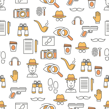 Vector seamless pattern with private investigator, camera, binoculars, gun, tobacco pipe, hat, glove, shoe prints, fingerprints etc. Thin line art flat style design detective background wallpaper.のイラスト素材