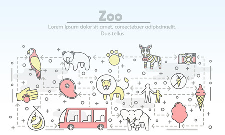 Zoo advertising vector poster banner template. Bear elephant zebra, parrot, lion, ice cream cone, bus, camera, visitors, animal food, cotton candy. Thin line art flat icons for web, printed materials.のイラスト素材
