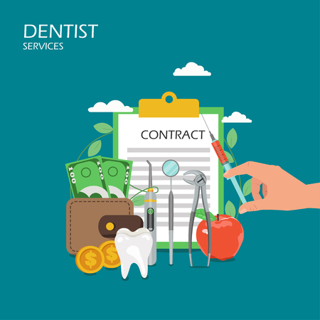 Dentist services concept vector flat illustration. Hand holding syringe with anesthetic injection, dentist tools, tooth, apple, wallet, money, clipboard with contract form. Dental health poster bannerのイラスト素材