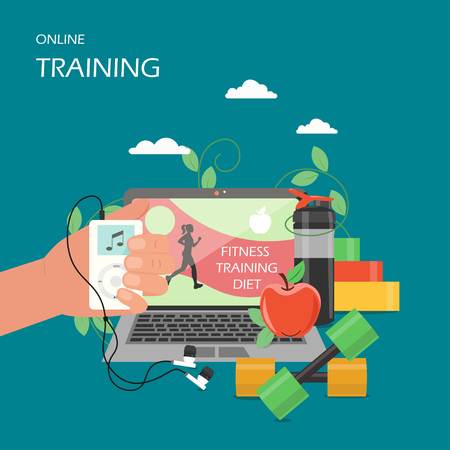 Online training concept vector flat style design illustration. Laptop with video exercise class, dumbbells, hand holding music player with earphones. Virtual gym online fitness services poster banner.のイラスト素材