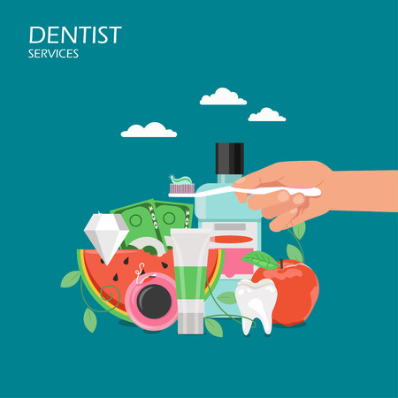 Dentist services concept vector flat illustration. Hand holding toothbrush with toothpaste, mouthwash, healthy tooth, apple, slice of watermelon, diamond, paper money. Dental hygiene poster, banner.のイラスト素材