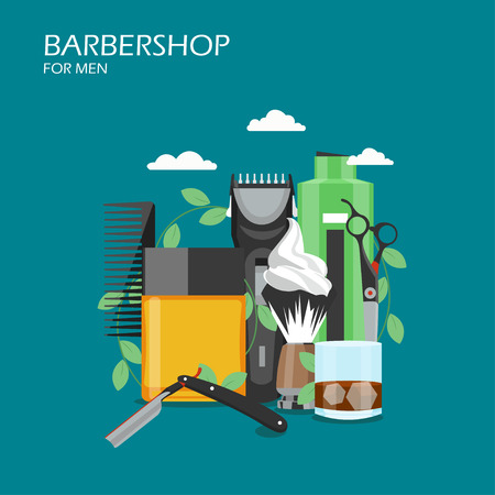 Vector flat style design illustration of comb, aftershave, straight razor, shaving brush with foam, hair clipper, scissors, shampoo. Barbershop services concept for web banner, website page etc.のイラスト素材