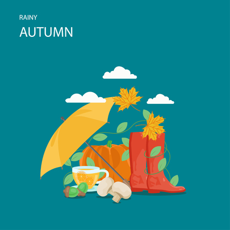 Rainy autumn vector flat style design illustrationのイラスト素材