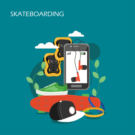 Skateboarding vector flat style design illustration. Skateboard, cap, sneaker shoe, smartphone, earphones. Skateboarding equipment and accessories for web banner, website page etc.のイラスト素材