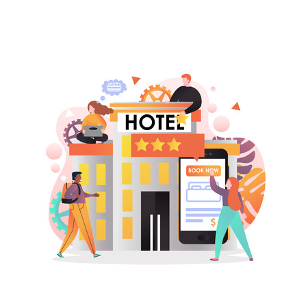 Vector illustration of hotel building, woman booking room using mobile phone app, traveler with backpack. Online hotel reservation concept for web banner, website page etc.のイラスト素材