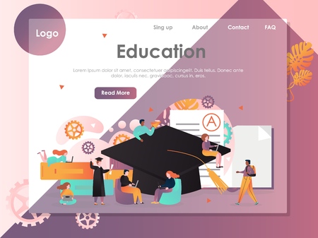 Education vector website template, web page and landing page design for website and mobile site development. Online education concept with graduation hat, people using laptops, holding diploma etc.のイラスト素材