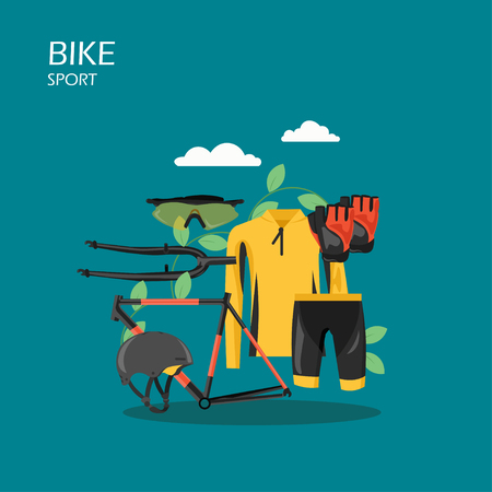 Sport bike vector flat style design illustration. Bicycle frame, cycling apparel, protective helmet, sunglasses and gloves. Cycling clothes and bicycle parts composition for web banner, website page.のイラスト素材
