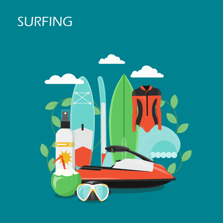 Surfing vector flat style design illustration. Surfboard, wetsuit, mask, water scooter, sunscreen, coconut cocktail and ocean wave. Surfing equipment, clothing and accessories for web banner, webpage.のイラスト素材