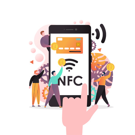 Vector illustration of big phone with bank card, nfc radio wave on screen, tiny people doing money transfer via near field communications enabled smartphone. NFC technology concept for web banner etc.のイラスト素材