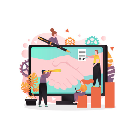 Vector Illustration Of Big Computer Monitor With Handshake And