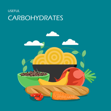 Useful carbohydrates vector flat style design illustration. Baguette, pasta, brown rice, carrot, banana, beans, beet. High-carb foods composition for web banner, website page etc.のイラスト素材