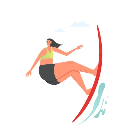 Girl surfing the wave, vector flat style design illustrationのイラスト素材