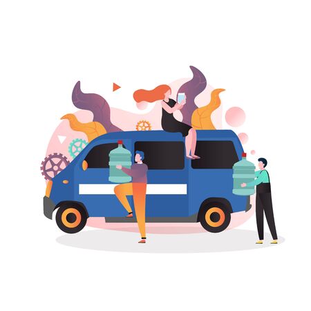 Water delivery truck, delivery men with big bottles and woman with glass of water, vector illustration. Transportation of drinking water concept for web banner, website page etc.のイラスト素材