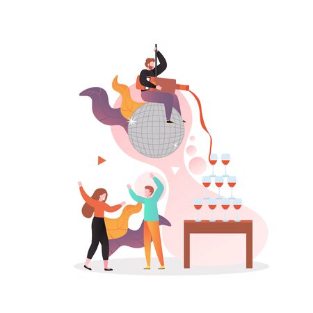 Disco party, vector illustration. Happy people pouring wine while sitting on disco ball, dancing. Nightclub party composition for web banner, website page etc.のイラスト素材