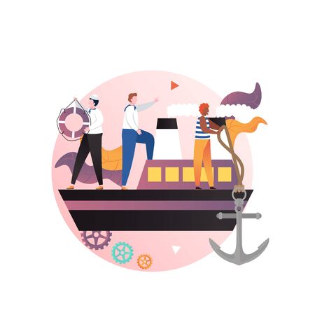 Ship with captain and sailors on deck, vector illustration. Seamen dropping anchor, holding life buoy. Cruise, navigation, maritime, shipping concept for web banner, website page etc.のイラスト素材