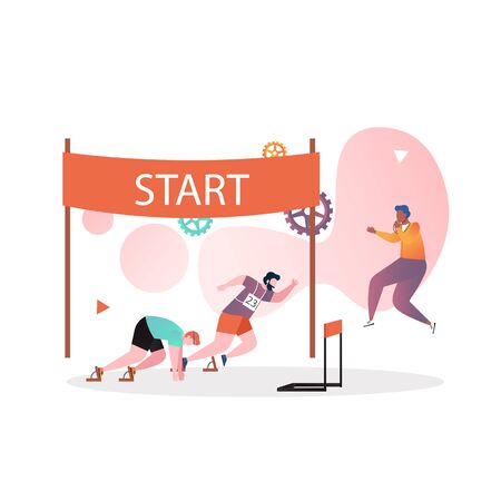 Athletes male characters at starting line, vector illustration. Athletics, track and field competitive running event concept for web banner, website page etc.のイラスト素材
