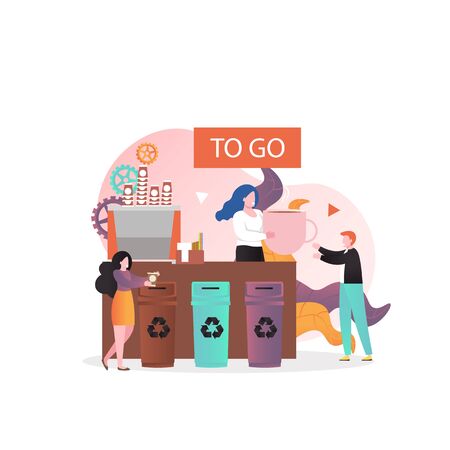 Man buying coffee to go in his own reusable cup instead of disposable cup, vector illustration. Zero waste, plastic free concept for web banner, website page etc.のイラスト素材