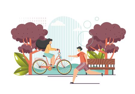 Cardio training, vector flat style design illustration. Girl enjoying riding bicycle, man jogging in city park. Cardio workout, running and cycling summer outdoor sports activities, healthy lifestyle.のイラスト素材