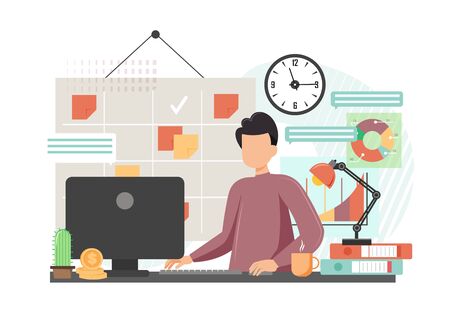 Businessman working on computer, scrum task board with stickers and work done check mark, charts, clock behind him, vector flat style design illustration. Office work, workplace, workspace.のイラスト素材