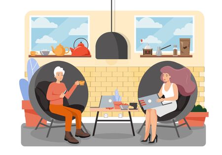 Man and woman freelancers in coworking business center, vector flat style design illustration. Modern coworking space for remote work with characters working on laptops, taking coffee break.のイラスト素材
