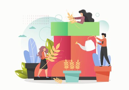 Micro characters harvesting huge wheat ears, vector flat style design illustration. People growing wheat in flowerpots. Symbol of wealth.のイラスト素材