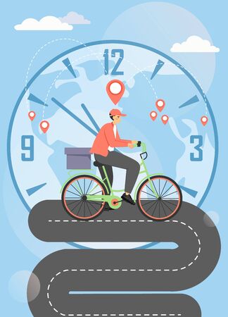 Bike food delivery service vector poster template. Courier in red cap riding bicycle with pizza box. Home and office food delivery, flat style design illustration.のイラスト素材