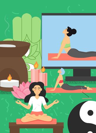 Young girls meditating and doing yoga poses at home together with online coach, flat style design illustration. Online yoga and meditation classes for women.のイラスト素材