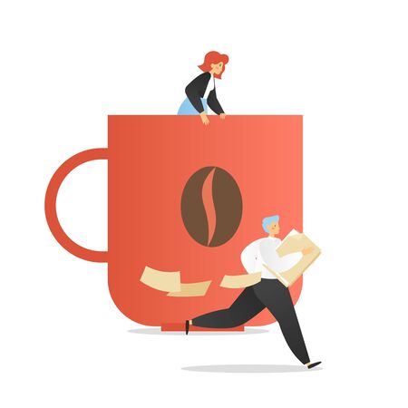 Happy office people taking coffee break, vector flat illustration. Coffee time, office situations, daily routine, workplace tradition concept.のイラスト素材