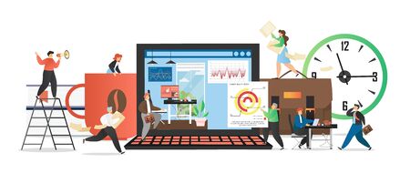 Business people in different office situations, vector flat illustration. Miniature male and female...