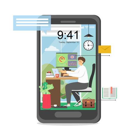 Huge smartphone with home workspace and young man working on laptop on screen, vector flat illustration. Freelancer, business man working remotely from home. Freelance, remote work.のイラスト素材