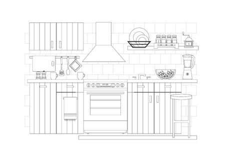 Kitchen interior, vector illustration in line art style. Kitchen furniture with electric cooker and oven, extractor hood, sink, home appliances, cookware and kitchenware.のイラスト素材