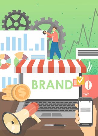 Building brand for online shop vector poster banner template. New ecommerce business brand creation process, electronic commerce branding, rebranding marketing strategy. Flat style design illustrationのイラスト素材