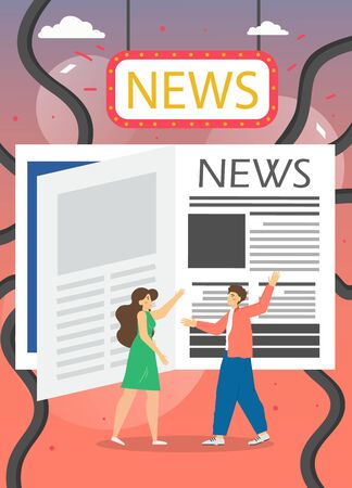 Print newspaper vector poster template. People reading huge newspaper and discussing the latest events. Breaking headlines, world, local news. Press and mass media. Flat style design illustration.のイラスト素材