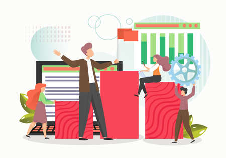 Successful business man leader with red flag leading his team to success, vector flat illustrationのイラスト素材