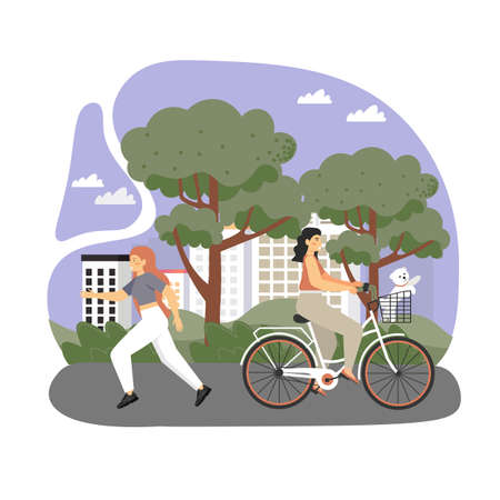 Happy female characters riding bicycle and running in city park, vector flat illustrationのイラスト素材