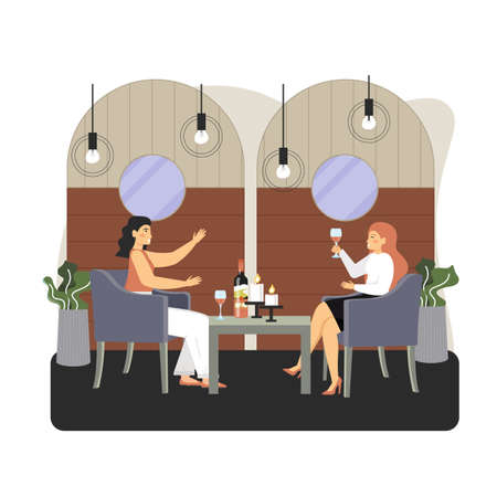 Two young women sitting at table and drinking wine in cafe, vector flat illustrationのイラスト素材