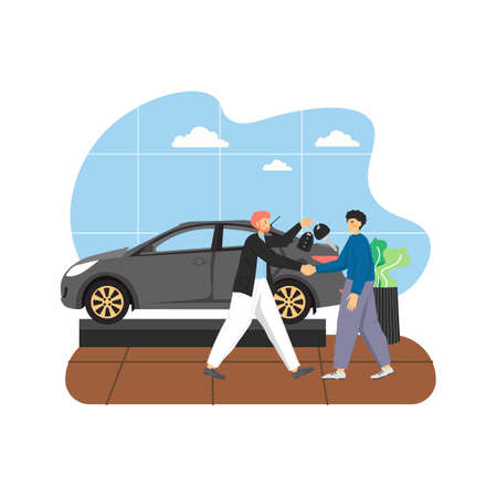 Car showroom with new car and two male characters auto dealer and buyer, flat vector illustration.のイラスト素材