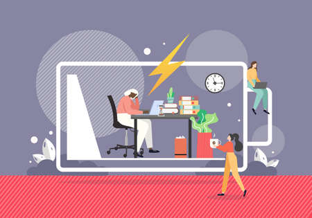 Woman giving cup of coffee to tired girl with low energy working on computer in office, flat vector illustrationのイラスト素材