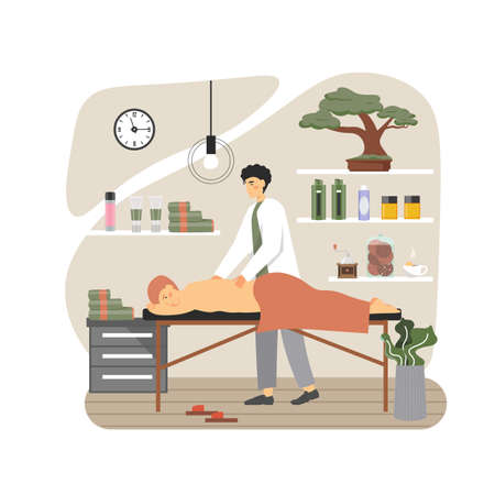 Massage therapist, masseur giving back massage to man lying on table, flat vector illustrationのイラスト素材