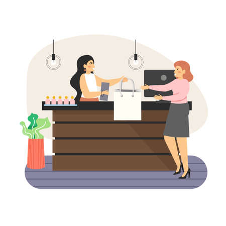 Retail store counter. Happy woman shopping in fashion store, flat vector illustrationのイラスト素材